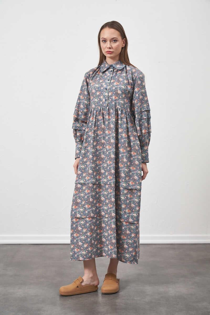 %100 Cotton Loose Fit Floral Waist Dress Indigo