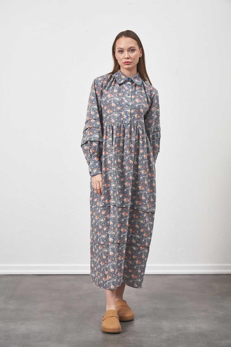 %100 Cotton Loose Fit Floral Waist Dress Indigo