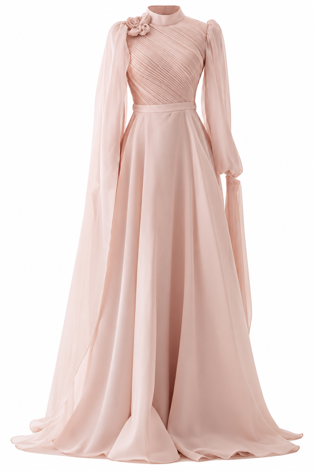 Elowen Shoulder Flower & Bow Detail Modest Evening Dress - Beige