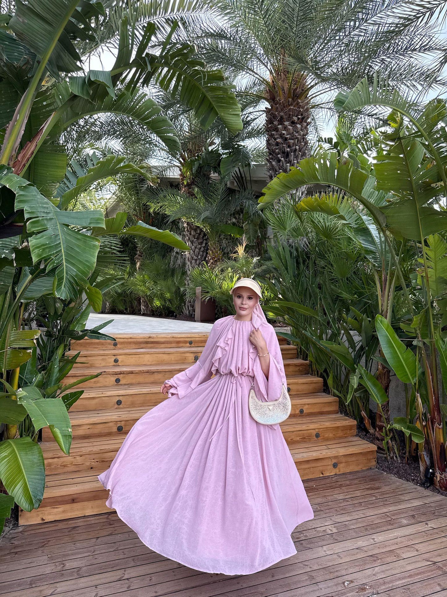 Farah Pink Chiffon Dress with Ruffle Details
