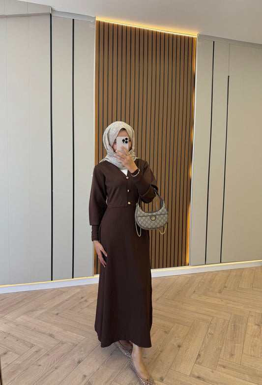 Gold-Button Knit Dress – Brown