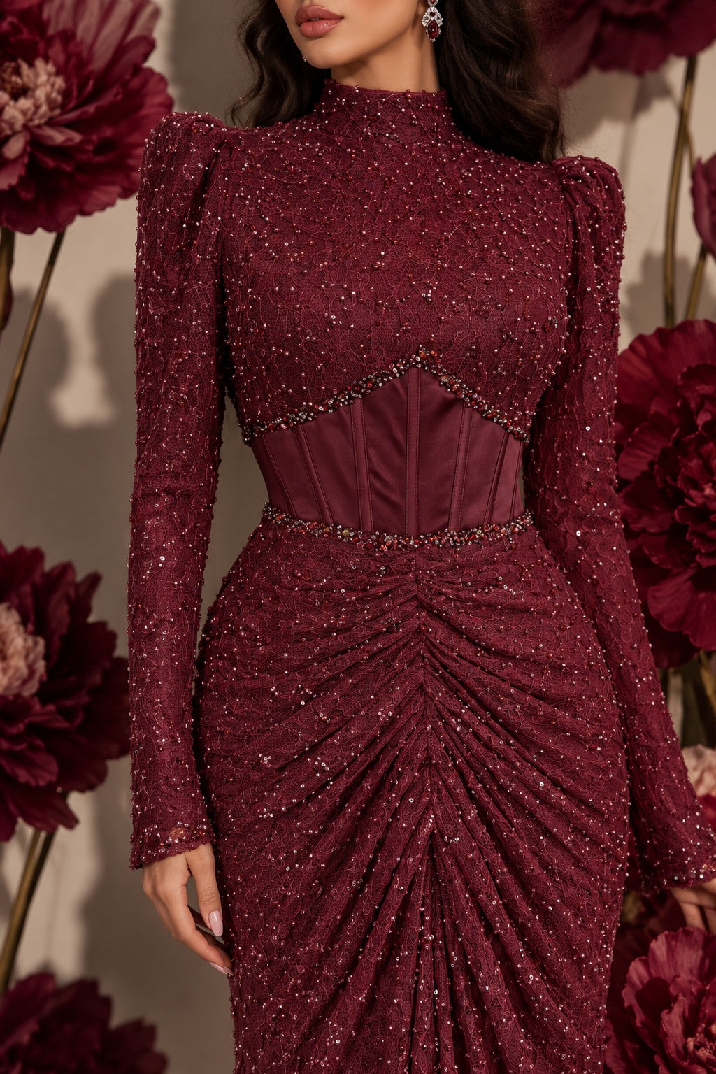 Burgundy Dahlia lace corset and ruching close-up
