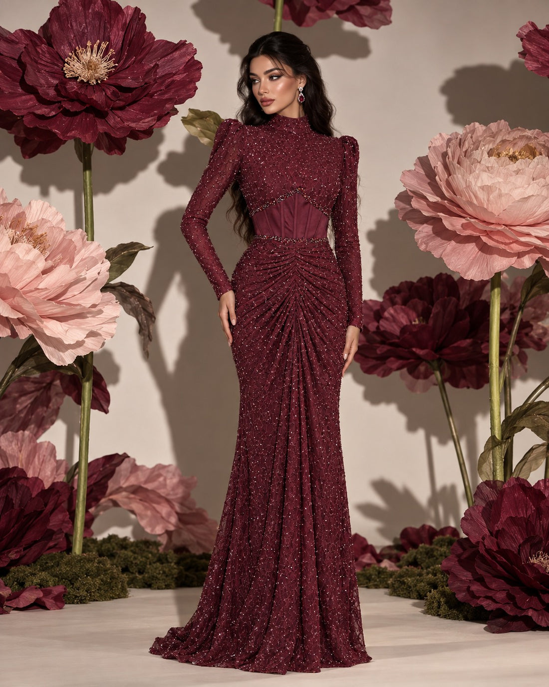 Burgundy Dahlia on model in floral editorial