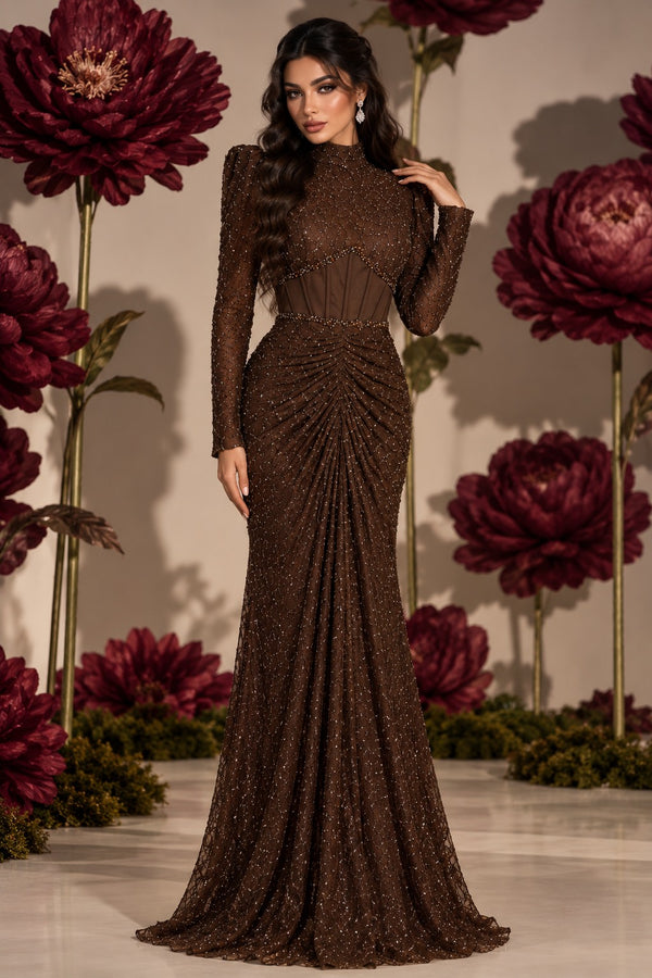 Chocolate Brown Dahlia on model in floral editorial