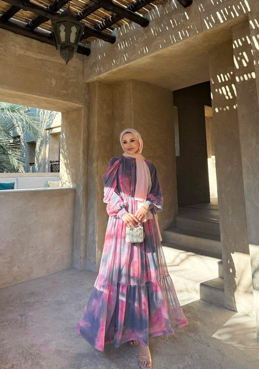 Dusty Pink Pastel Floral Chiffon Maxi Dress