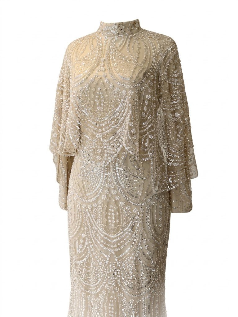Diamond Beaded Modest Evening Dress - Cream