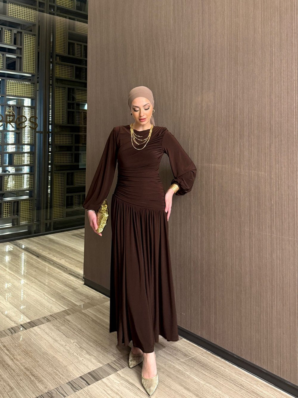 Draped Fit Brown Maxi Evening Dress
