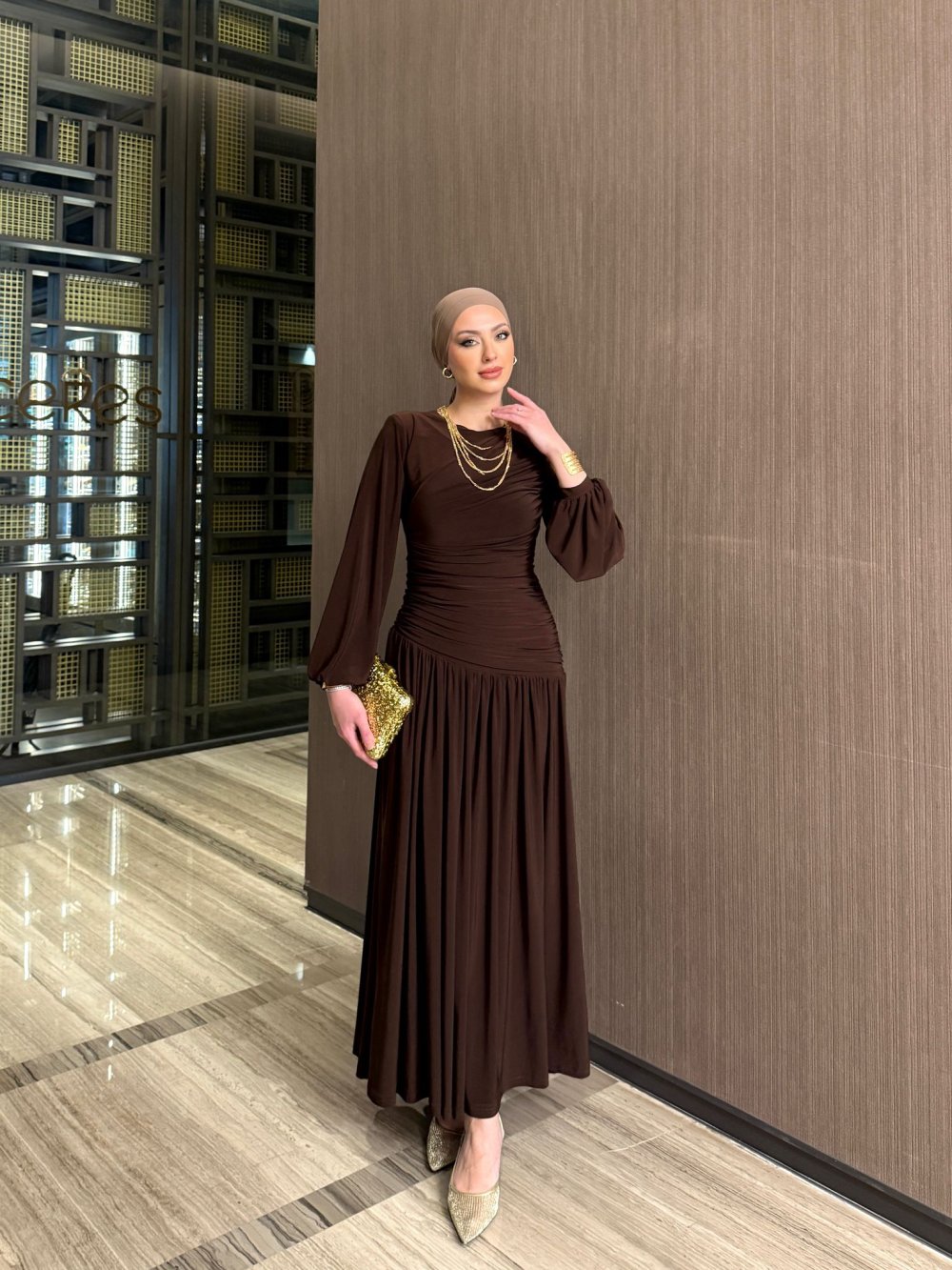 Draped Fit Brown Maxi Evening Dress
