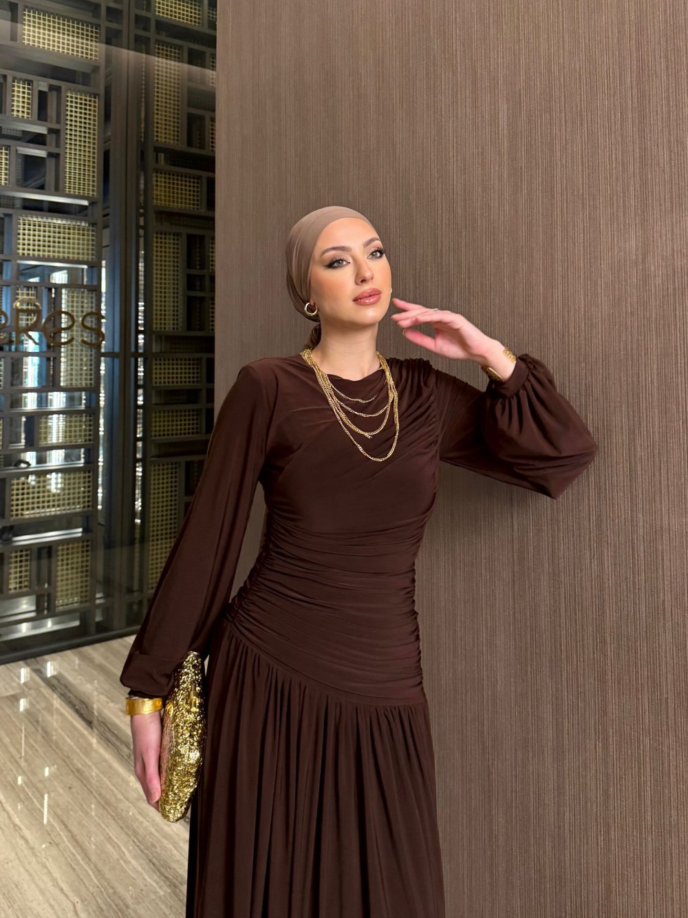 Draped Fit Brown Maxi Evening Dress