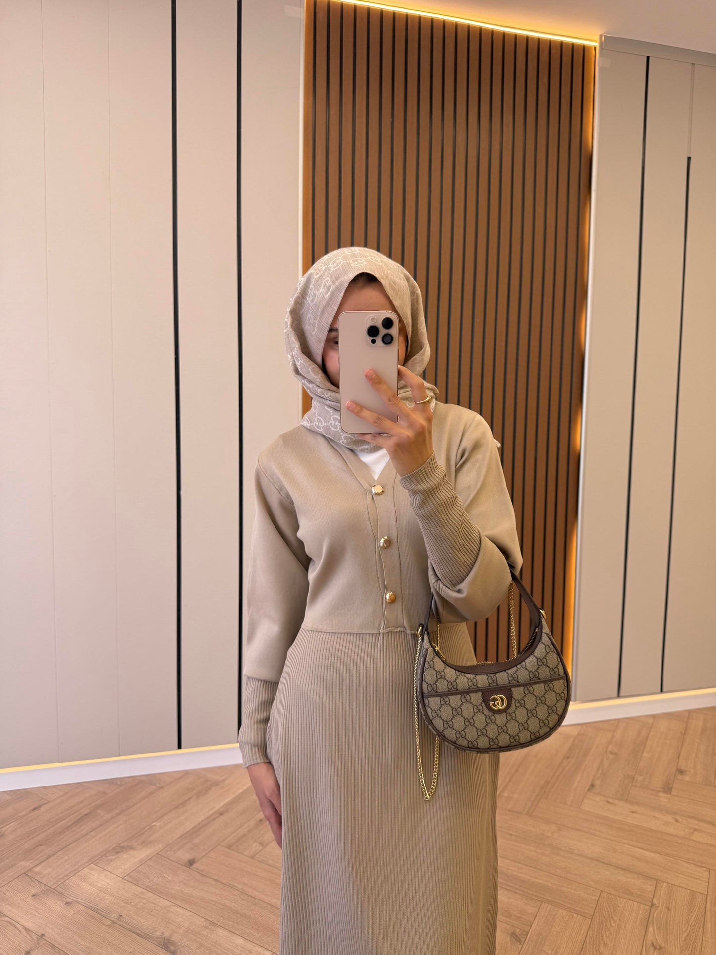 Gold-Button Knit Dress – Beige