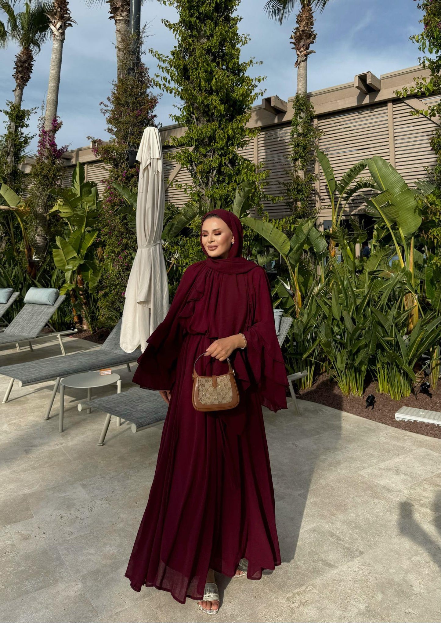 Farah Burgundy Chiffon Dress with Ruffle Details
