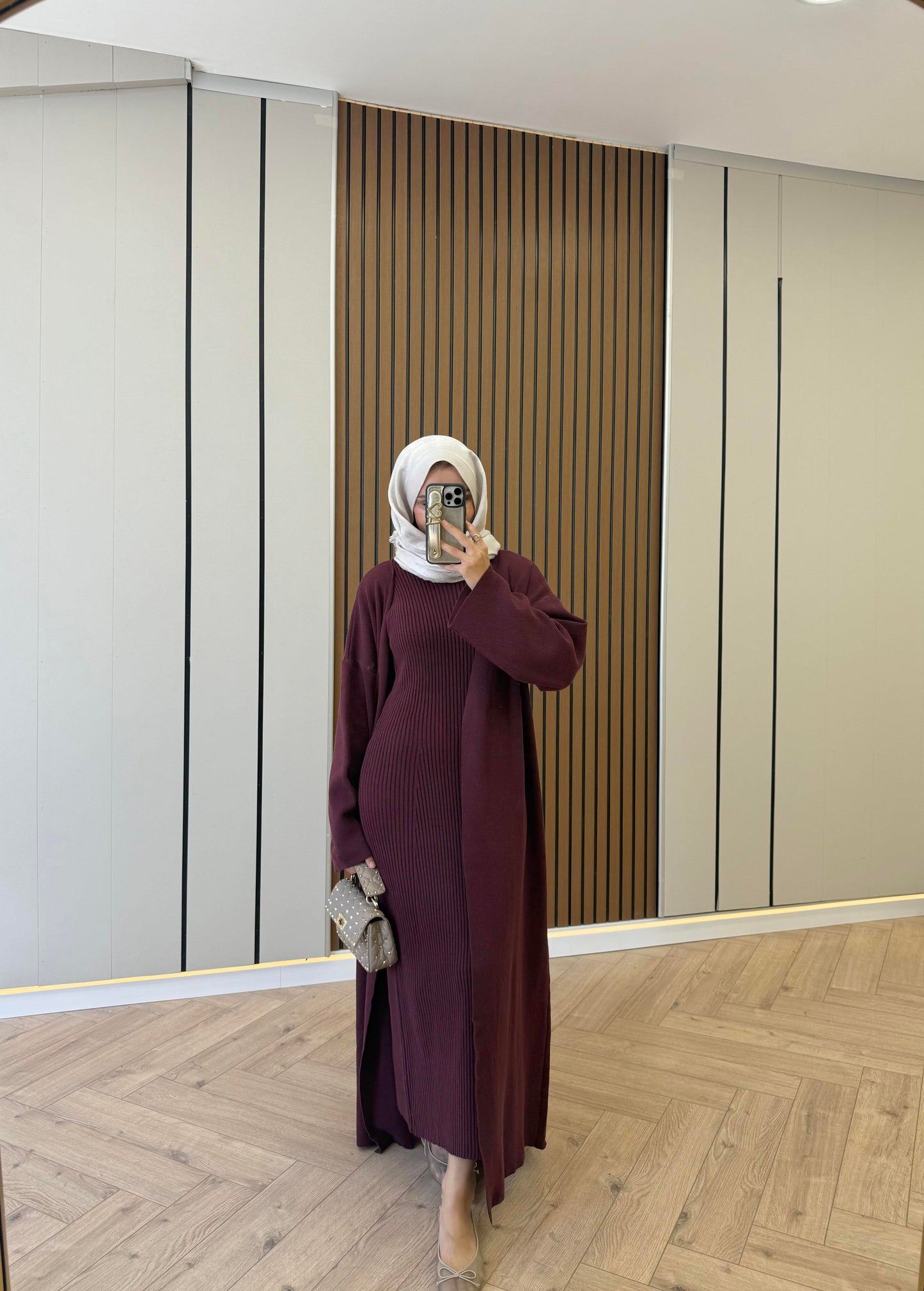 Burgundy Knit Kimono Set with Inner Dress