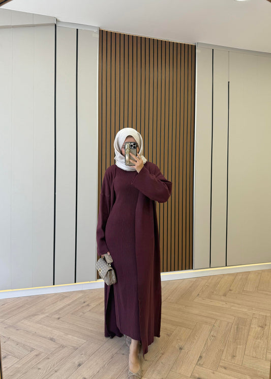 Burgundy Knit Kimono Set with Inner Dress