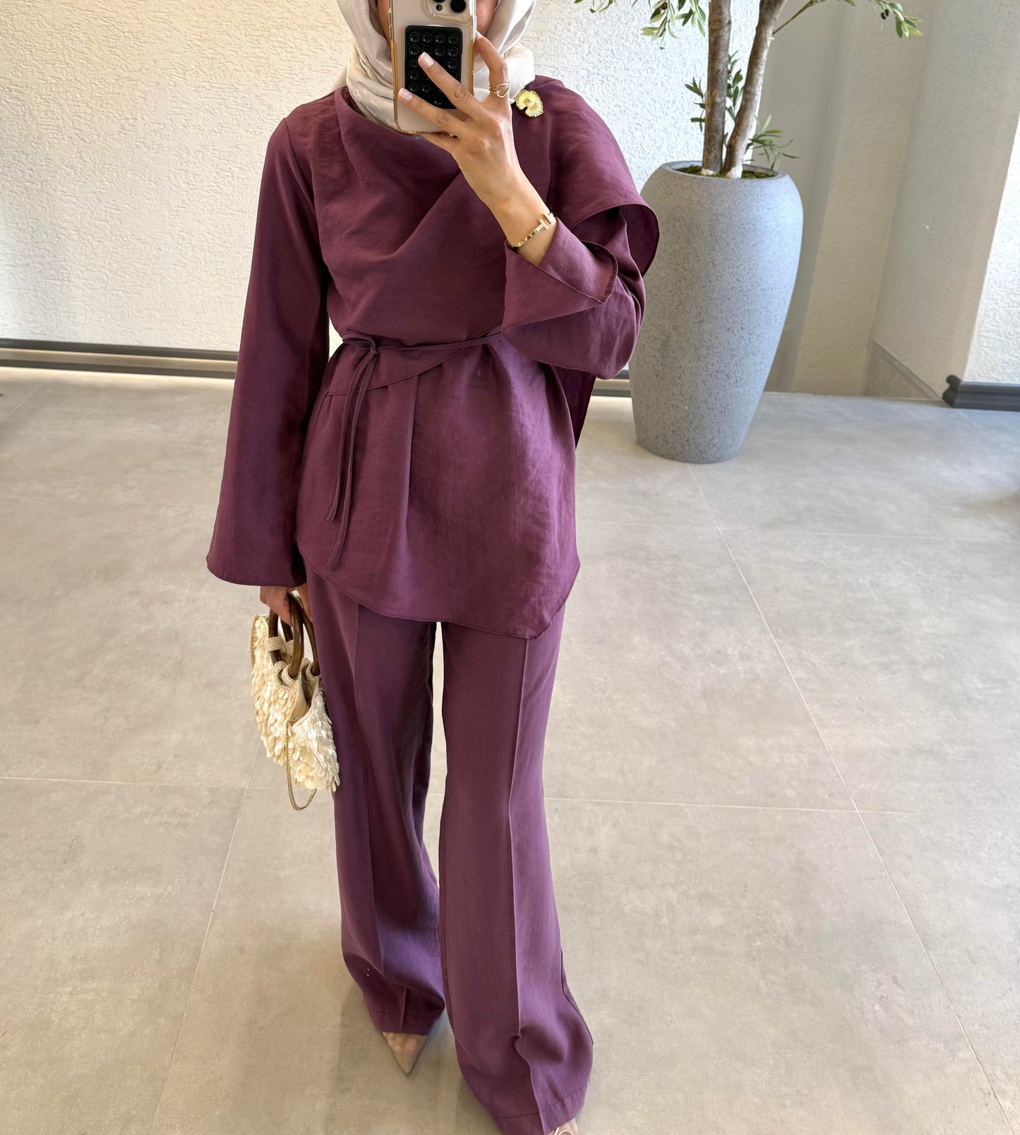 Plum Tencel Set with Brooch Detail