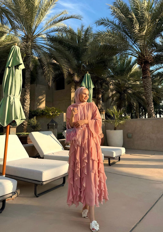 Poudre Pink Ruffle-Detail Chiffon Blouse and Skirt Set