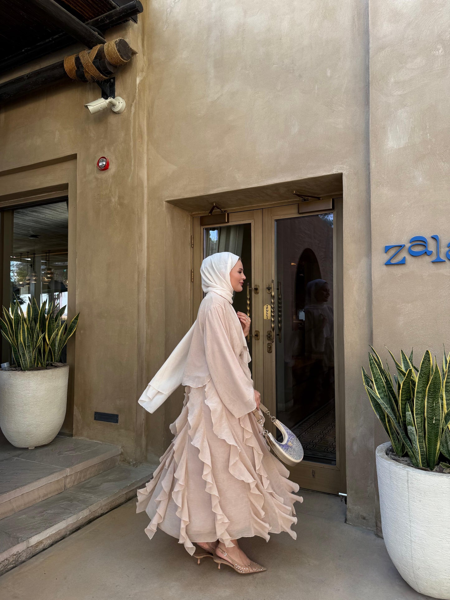 Beige Ruffle-Detail Chiffon Blouse and Skirt Set -PRE ORDER