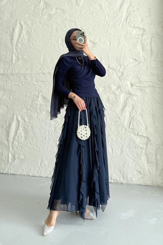 Navy Blue Blouse & Ruffled Skirt Set