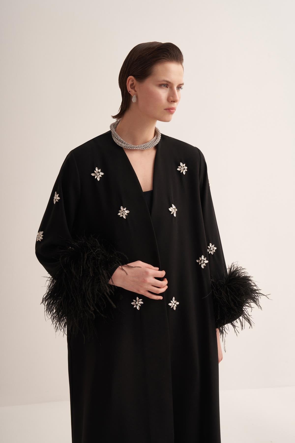 Black Abaya with Crystal Embroidery and Feathered Sleeves