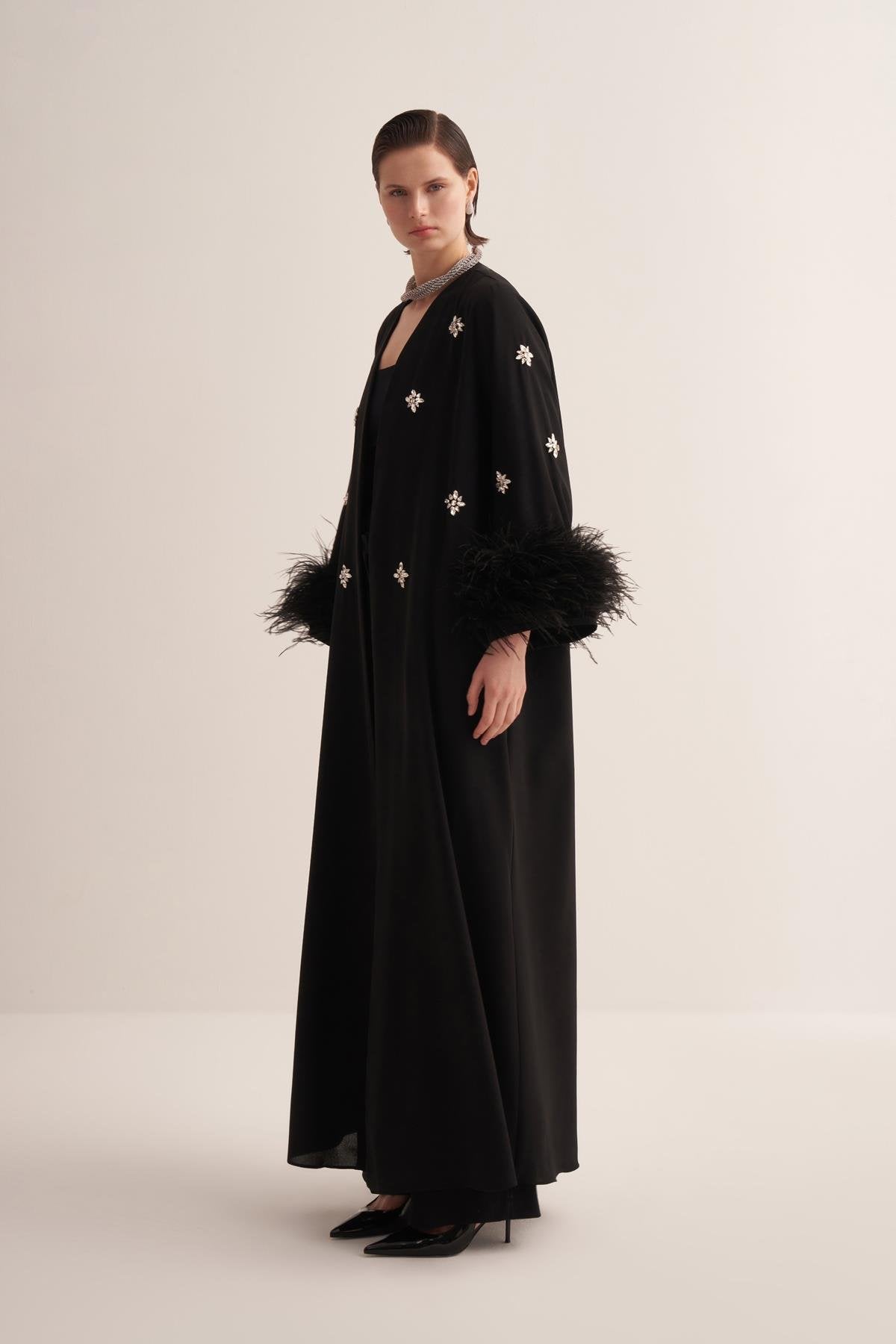 Black Abaya with Crystal Embroidery and Feathered Sleeves