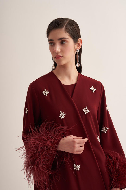 Burgundy Abaya with Crystal Embroidery and Feathered Sleeves