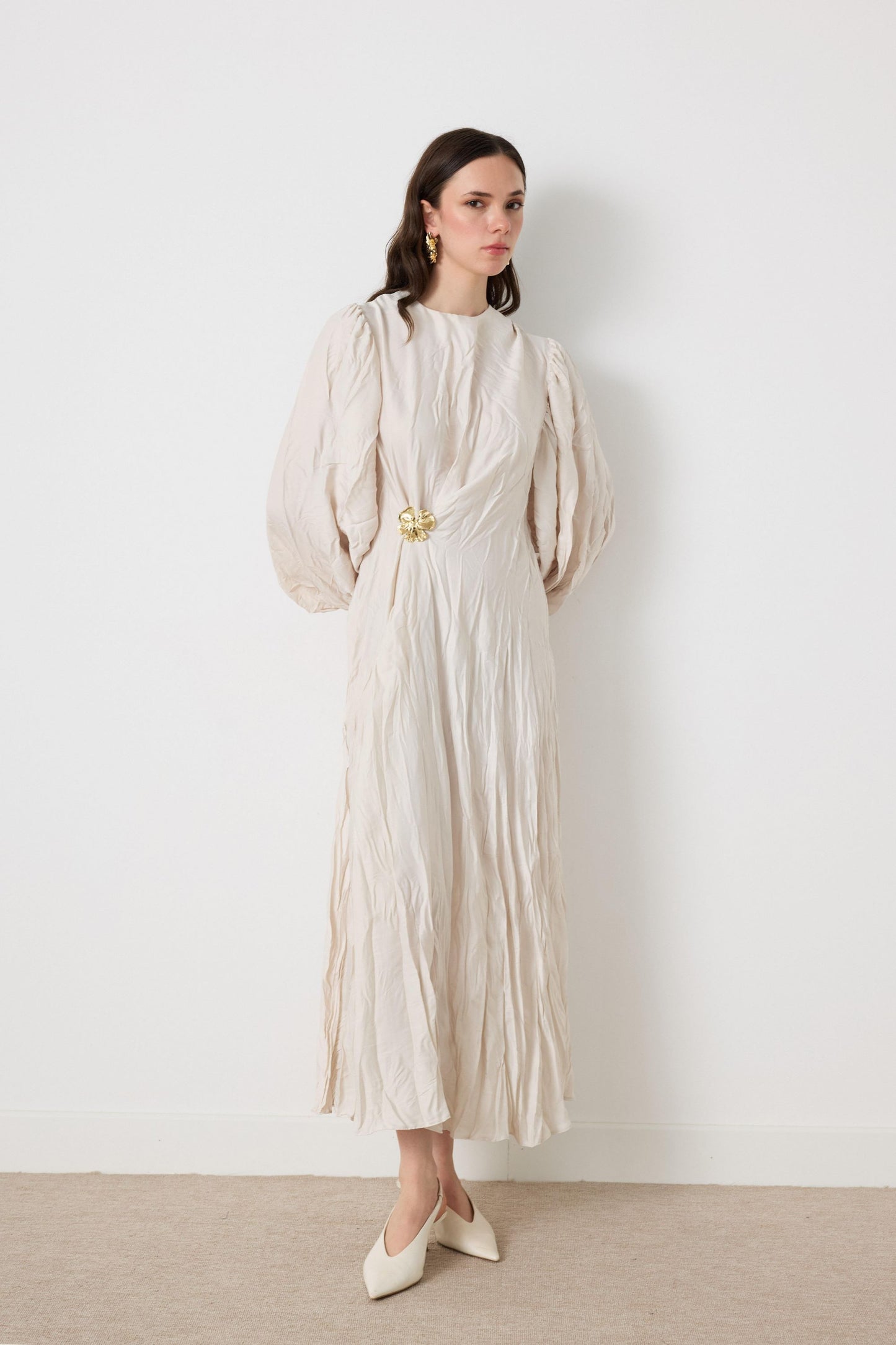 Crinkled Silk Satin Dress with Brooch in Ecru