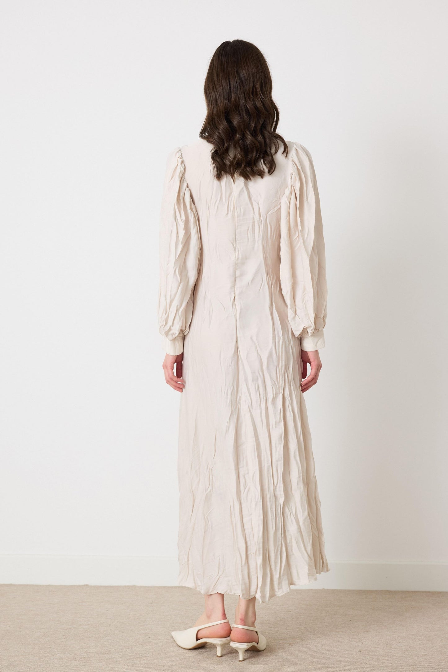 Crinkled Silk Satin Dress with Brooch in Ecru