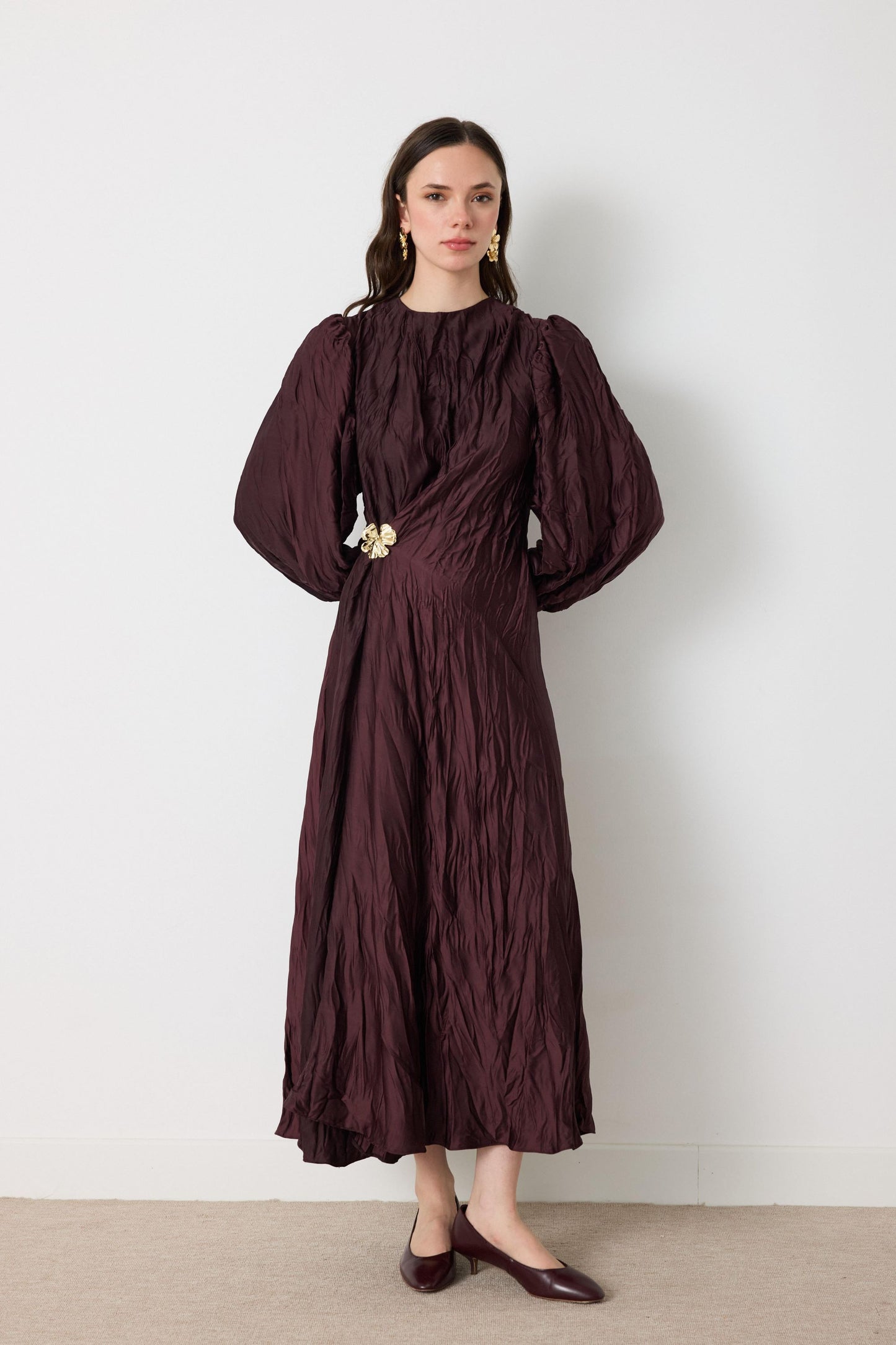Crinkled Silk Satin Dress with Brooch in Burgundy