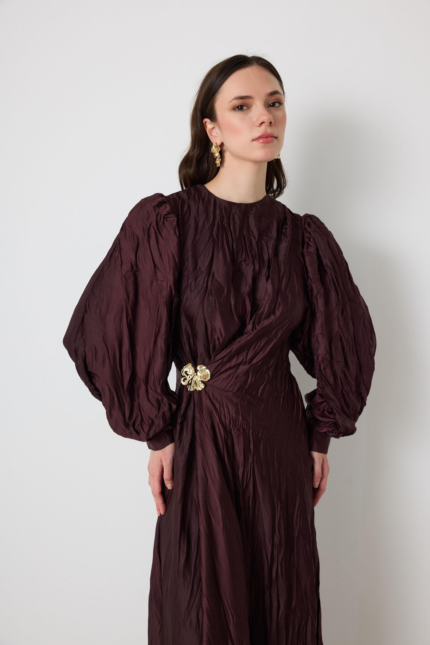 Crinkled Silk Satin Dress with Brooch in Burgundy