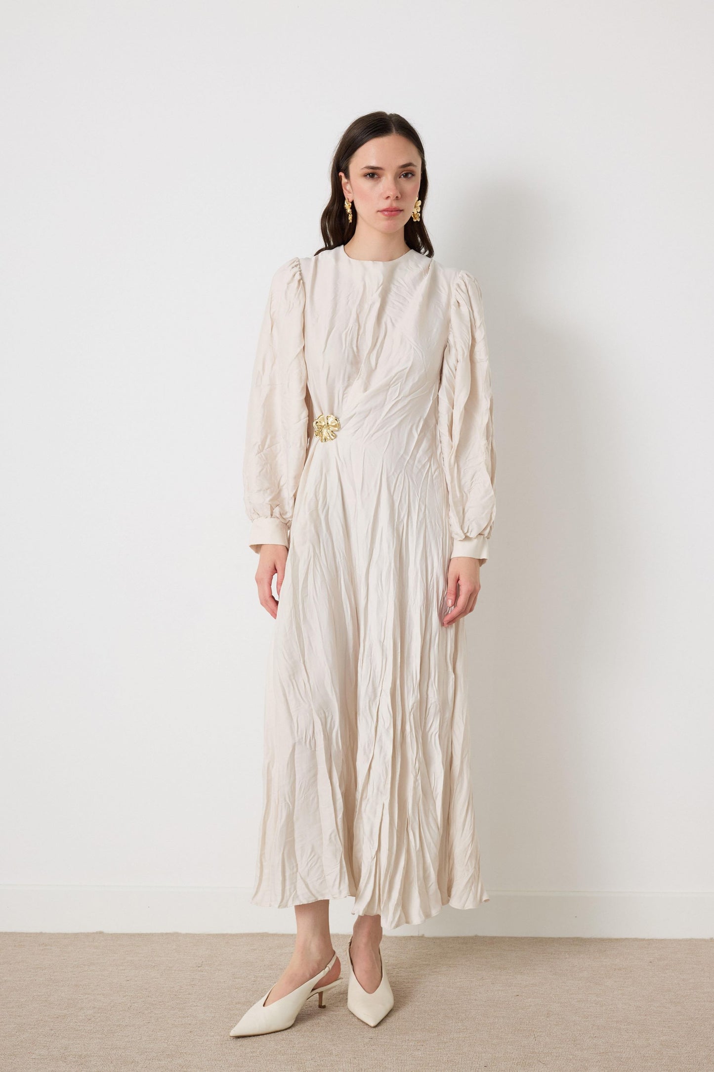 Crinkled Silk Satin Dress with Brooch in Ecru