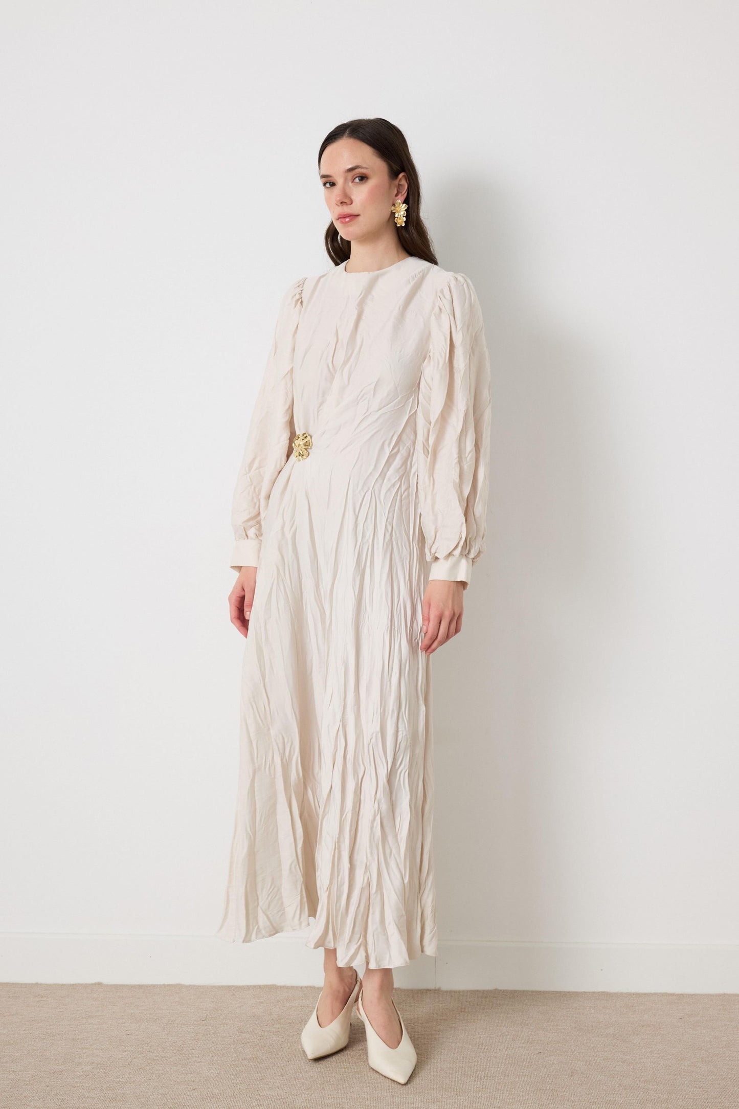 Crinkled Silk Satin Dress with Brooch in Ecru