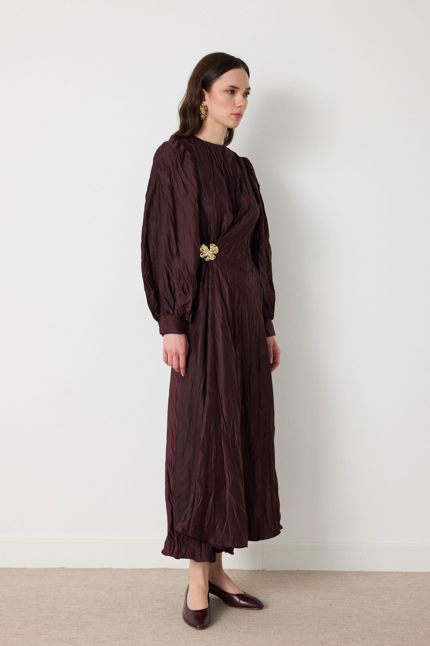 Crinkled Silk Satin Dress with Brooch in Burgundy