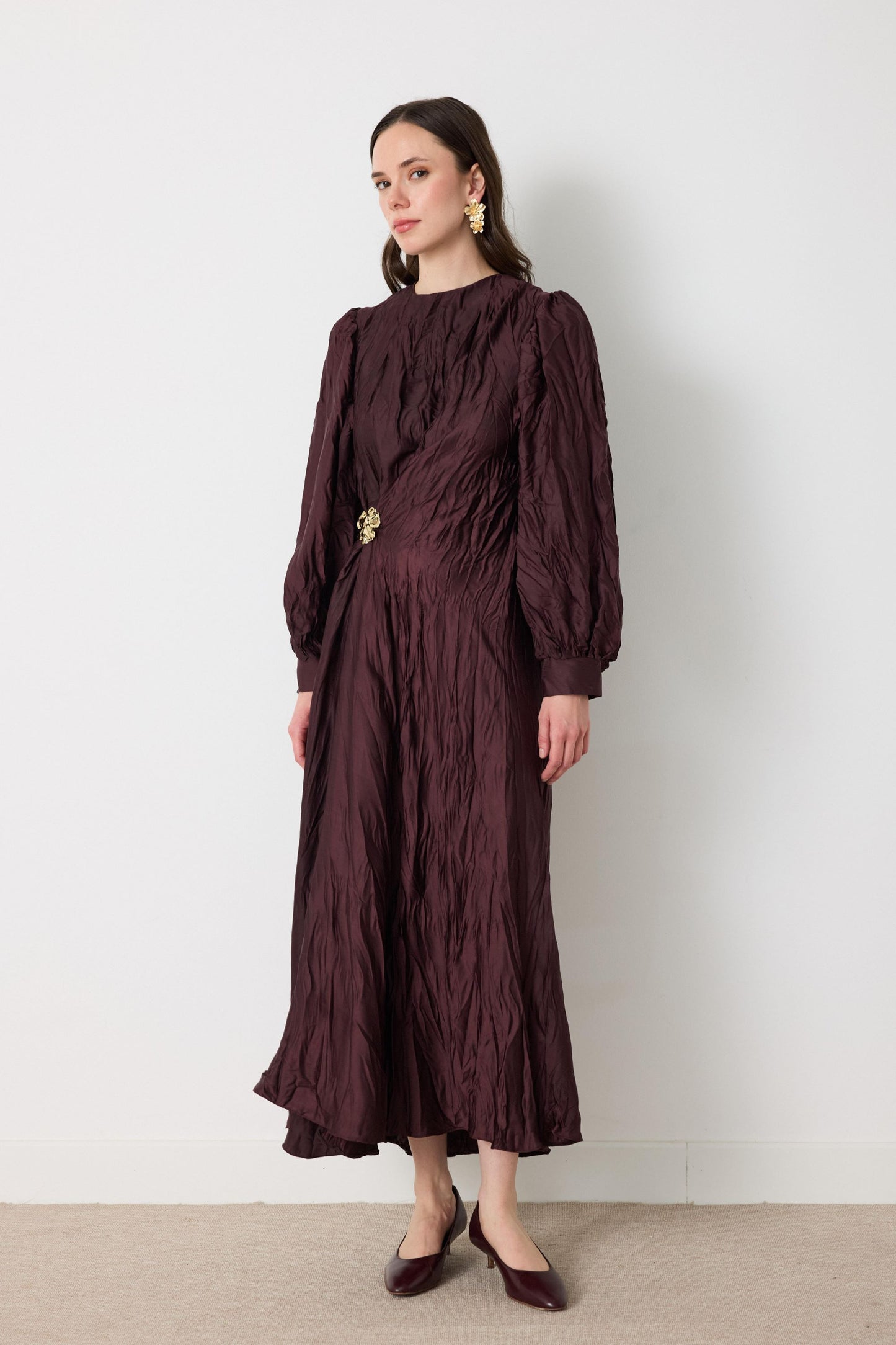 Crinkled Silk Satin Dress with Brooch in Burgundy