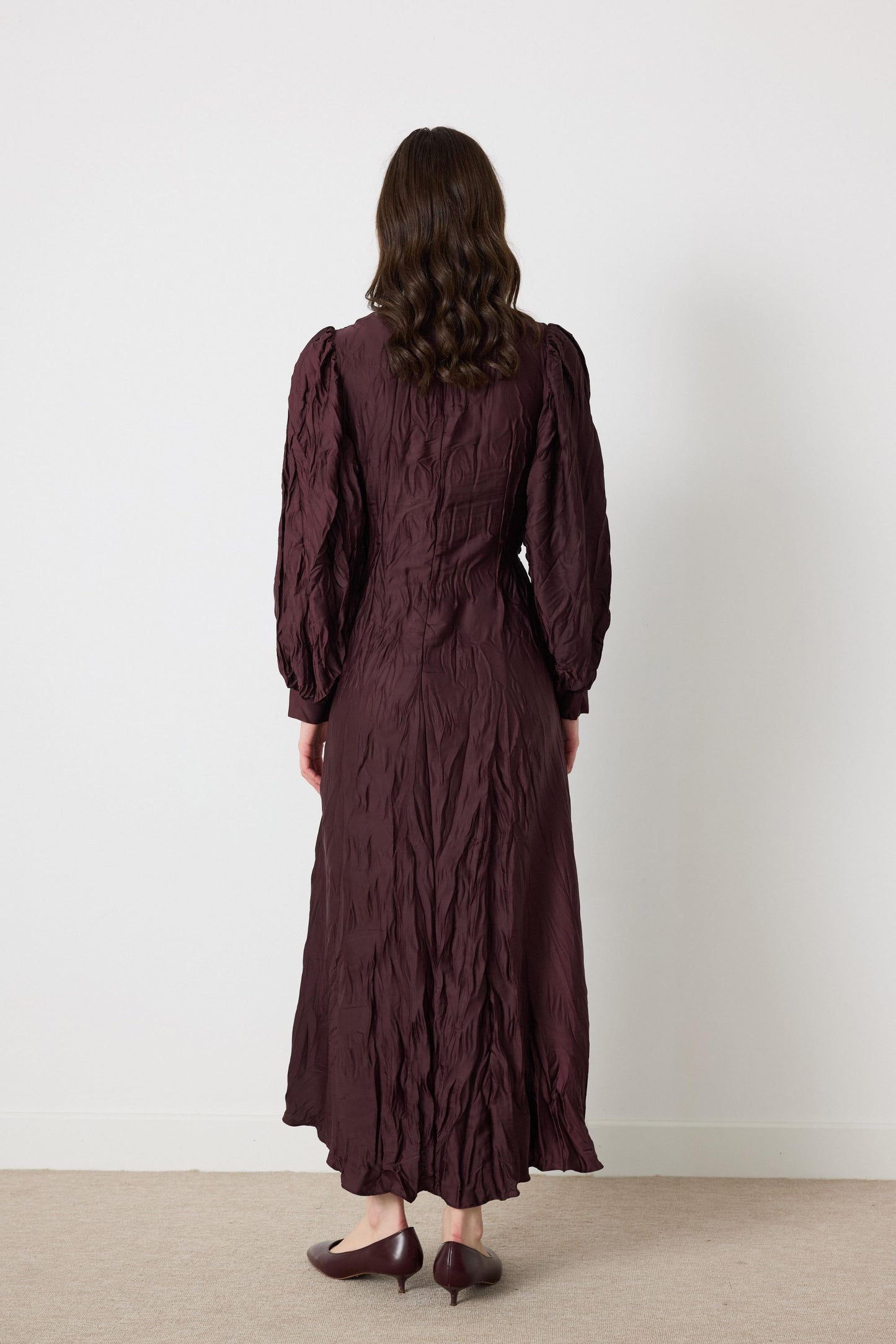 Crinkled Silk Satin Dress with Brooch in Burgundy