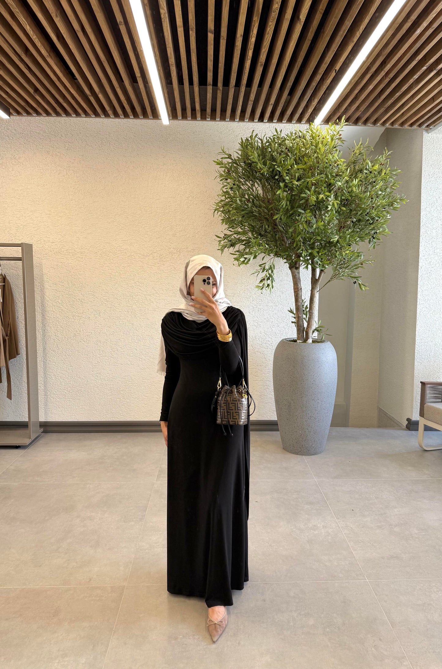 Black Evening Gown with Shawl Collar and Cape Detail