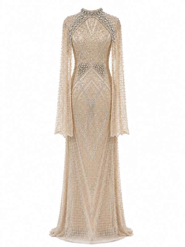Couture Selenite Modest Evening Dress - Gold