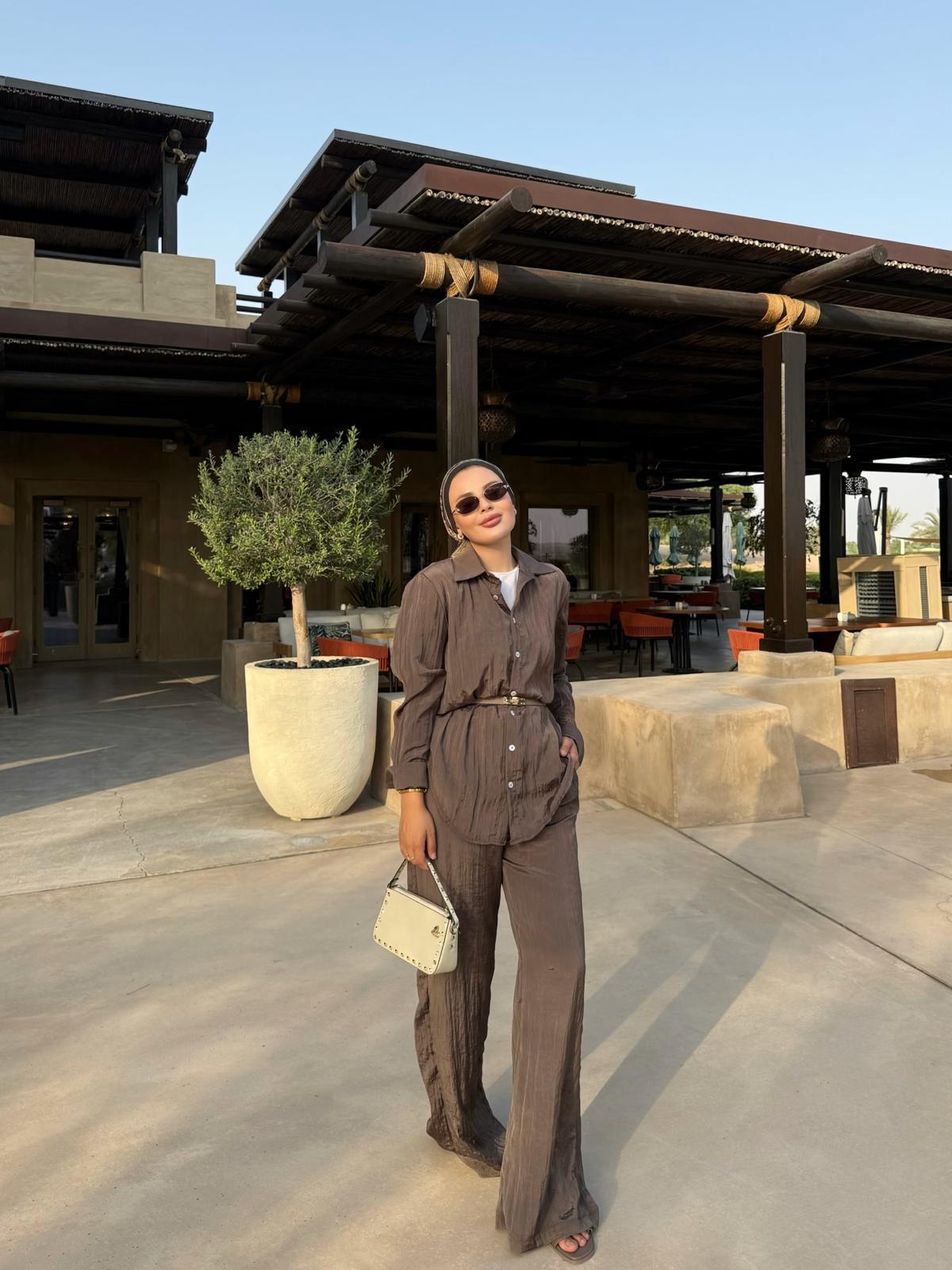 Crushed Shirt and Pant Matching Sets in Brown