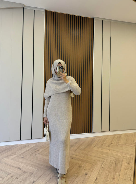 Cape-Detail Knit Dress – Beige