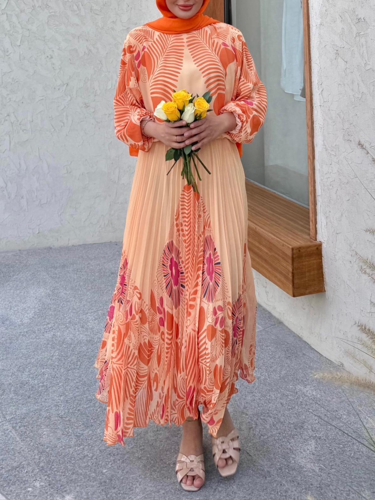 Orange Chiffon Printed Pleated Skirt & Blouse Set