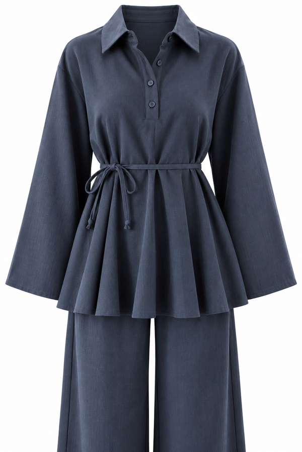 Larissa Ruffle Blouse & Trouser Set - Blue