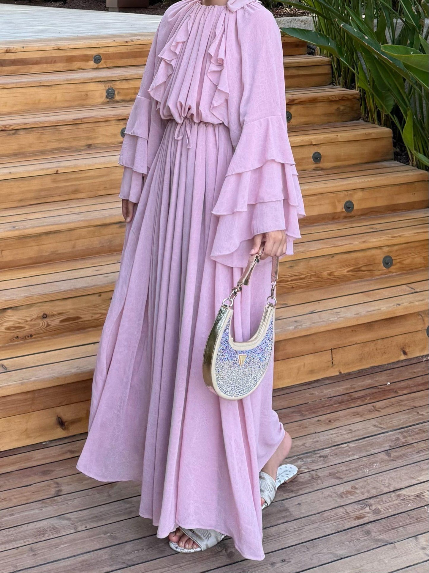 Farah Pink Chiffon Dress with Ruffle Details