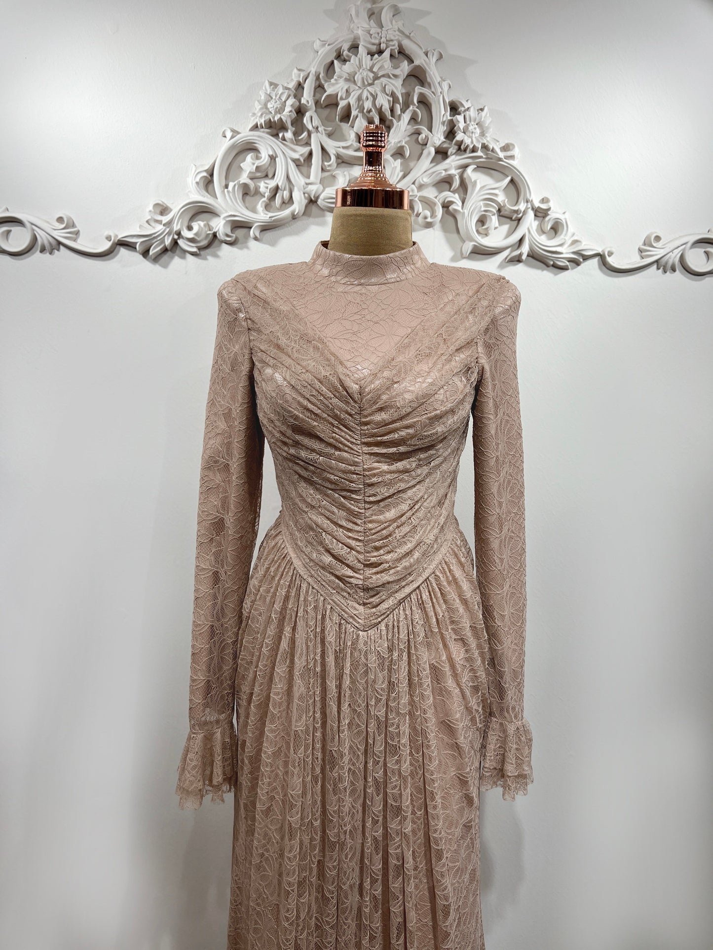 Carmen Ruched Lace Modest Evening Gown- Beige
