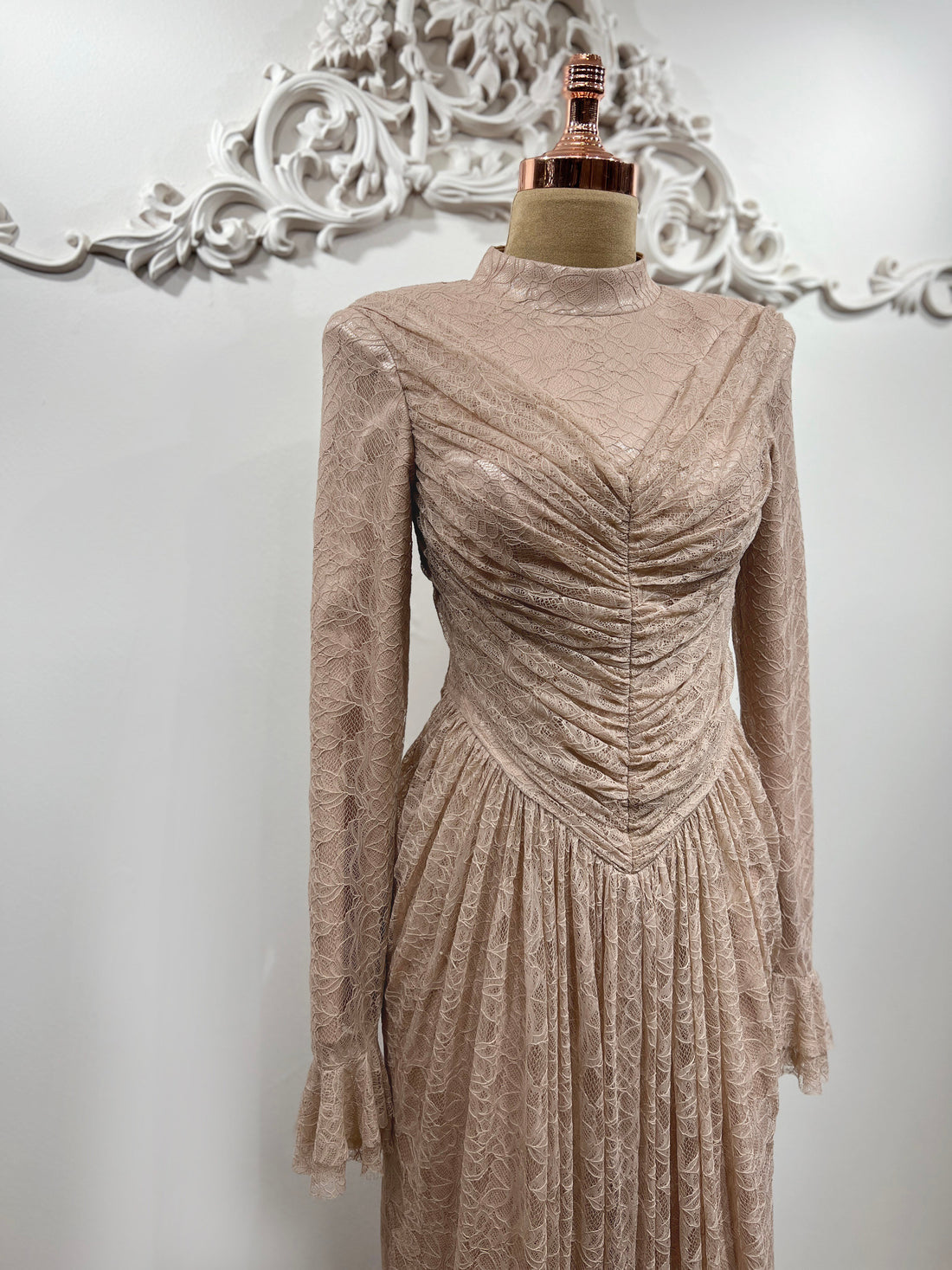 Carmen Ruched Lace Modest Evening Gown- Beige