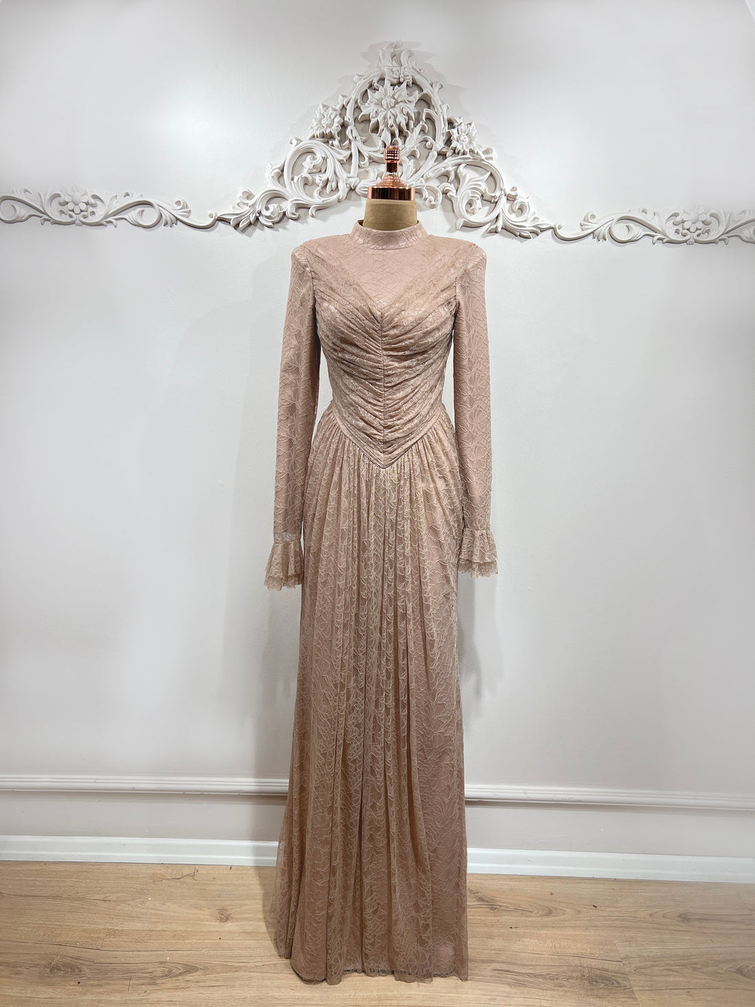 Carmen Ruched Lace Modest Evening Gown- Beige