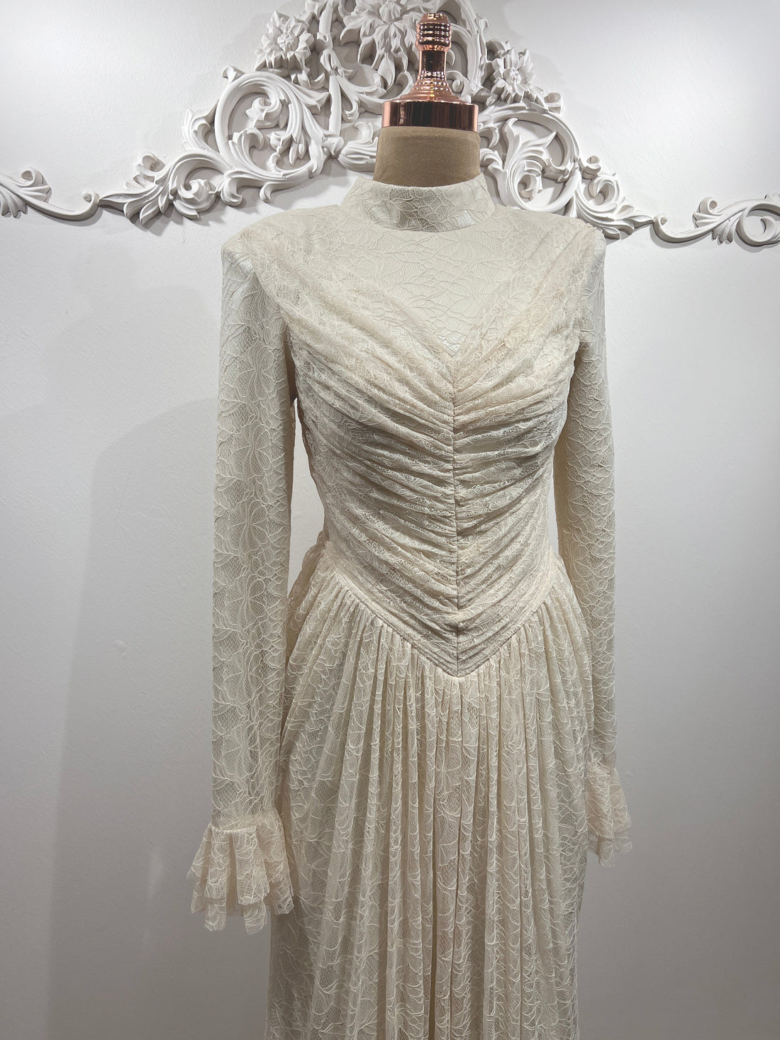 Carmen Ruched Lace Modest Evening Gown- White