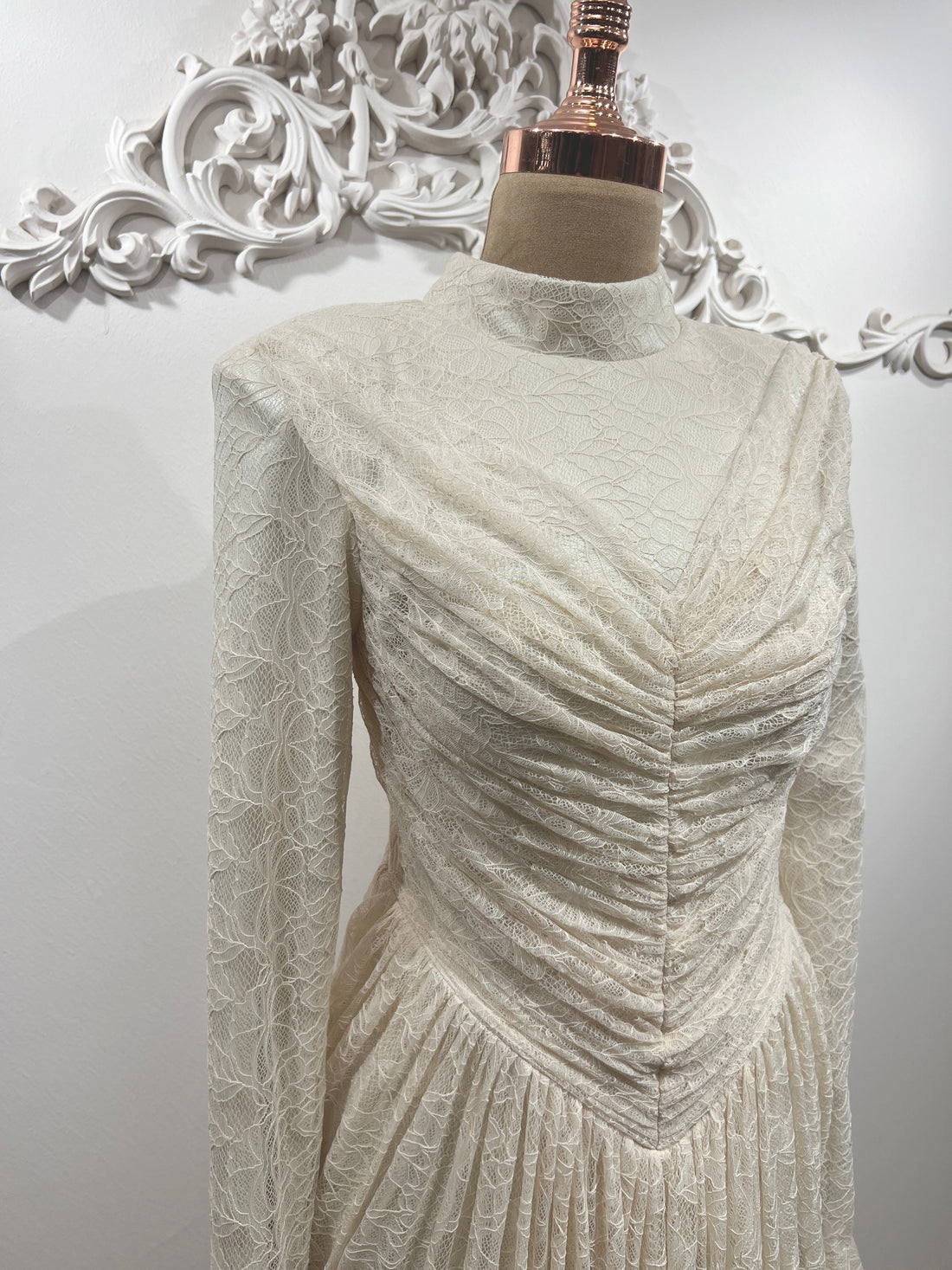 Carmen Ruched Lace Modest Evening Gown- White