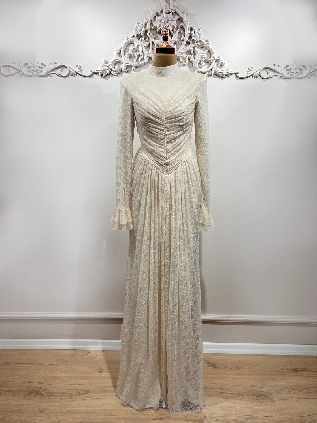 Carmen Ruched Lace Modest Evening Gown- White