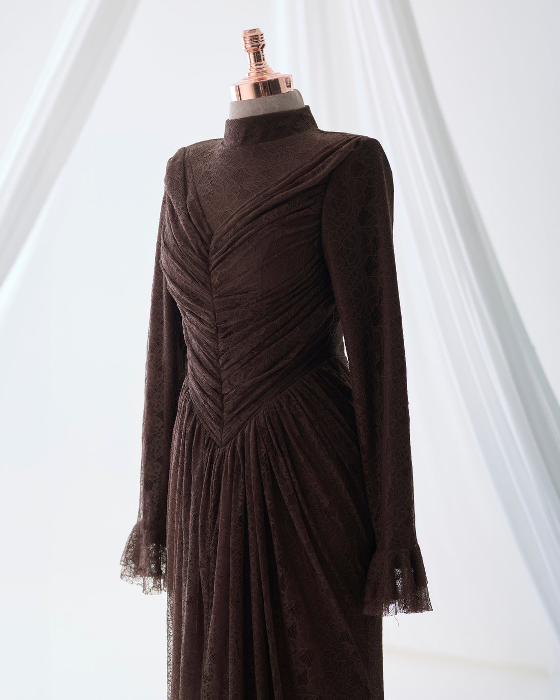 Carmen Ruched Lace Modest Evening Gown- Brown