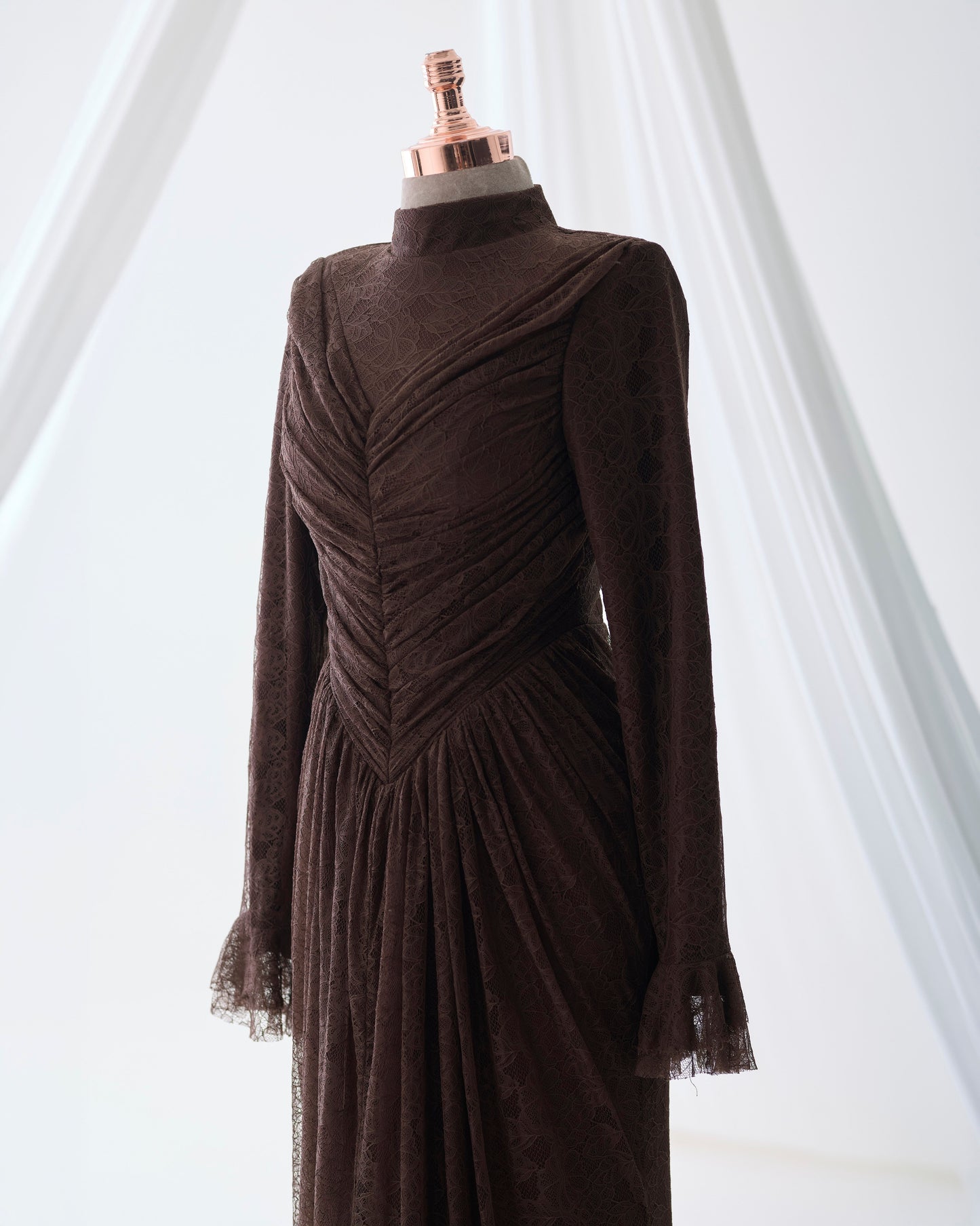 Carmen Ruched Lace Modest Evening Gown- Brown