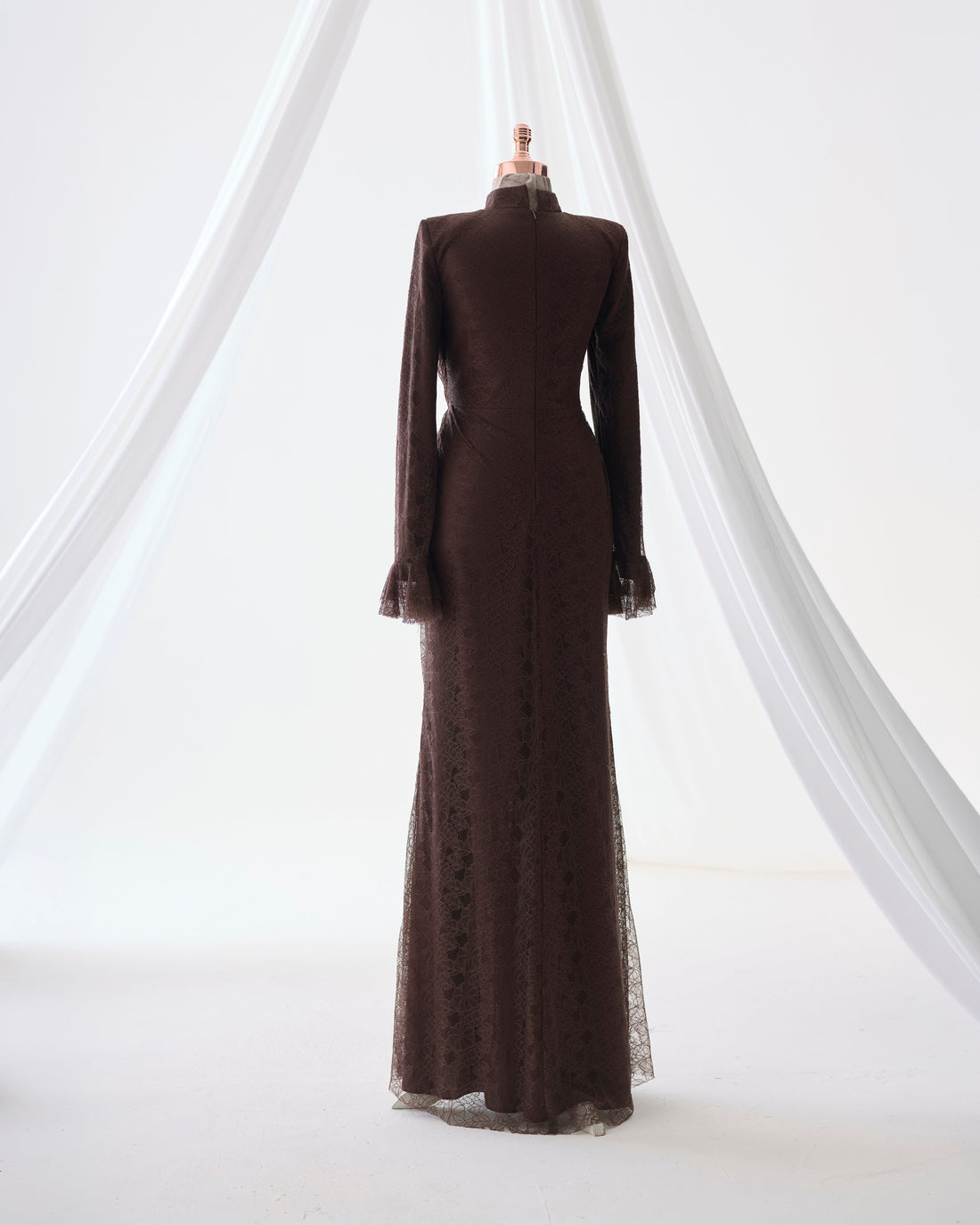Carmen Ruched Lace Modest Evening Gown- Brown