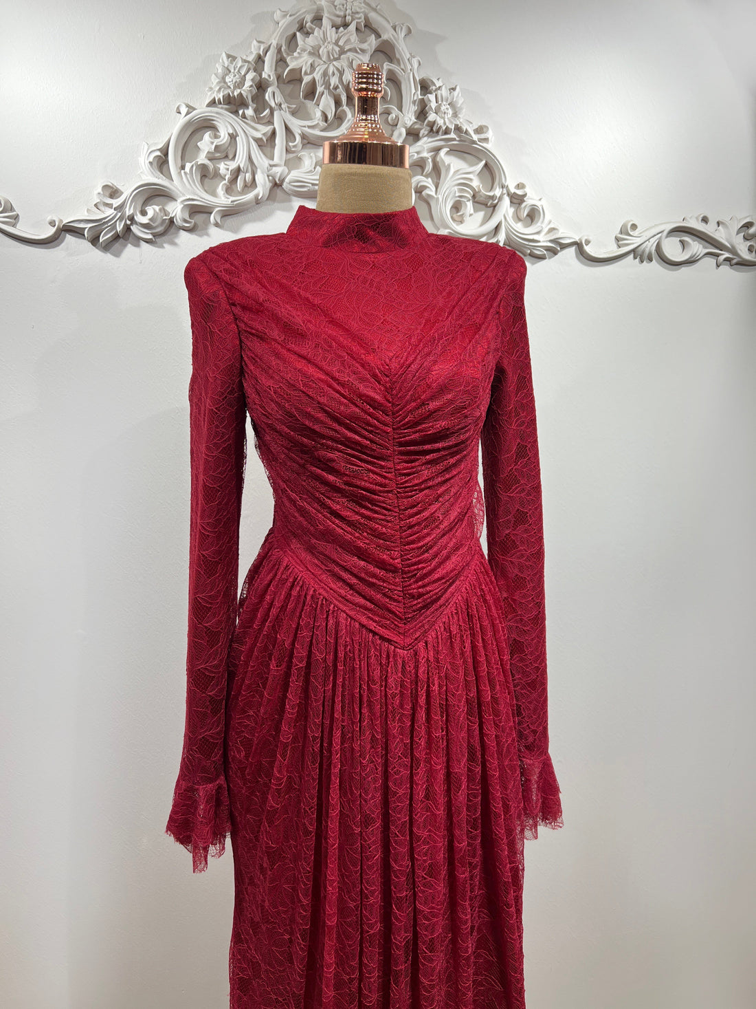 Carmen Ruched Lace Modest Evening Gown- Red